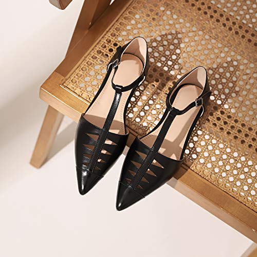 Lehoor Women Pointed Toe T-Strap Flats Ankle Strap Genuine Leather Low Heel Pumps Closed Toe Summer Trendy Sandals For Women Comfortable Concise Dress Shoes Black Size6 #TOP1