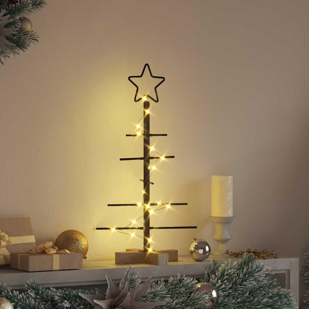 Albero di Natale in metallo, nero, 59,5 cm, acciaio verniciato a polvere | supporto in legno di pino massiccio, facile da montare, per interni ed esterni coperti