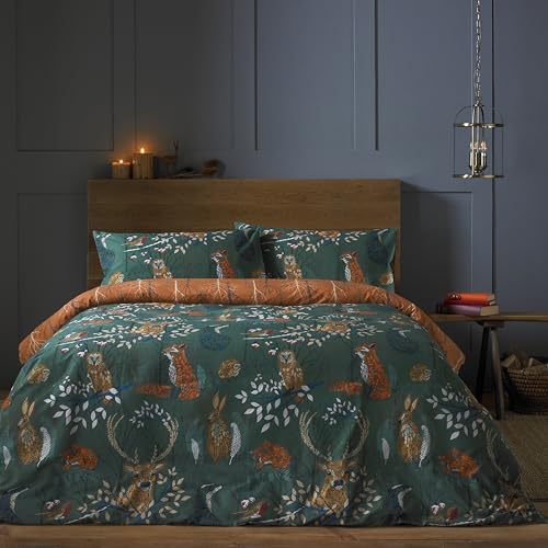 furn. Bettbezug-Set mit Waldfauna, Polybaumwolle, smaragdgrün, Einzelbett