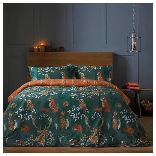 Rapport Home Celestial Bettbezug-Set, Polycotton, Schwarz, 2-teilig, Einzelbett 7 furn. Bettbezug-Set mit Waldfauna, Polycotton, smaragdgrün, Doppelbett