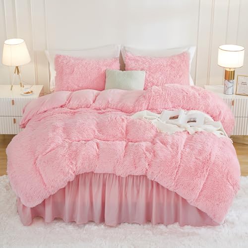 Andency Faux Fur Pink Comforter Set King Size, 3 Pieces Fluffy Fuzzy Plush Bedding Comforter Set (1 Shaggy Velvet Comforter & 2 Pillowcases), Soft Puffy Comfy Down Alternative Comforter Bedding Set