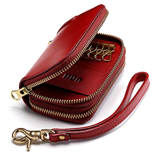 IJUN Handmade Vintage Key Card Case - Full Grain Oil Vegetable Tanned Cowhide Leather (Red)