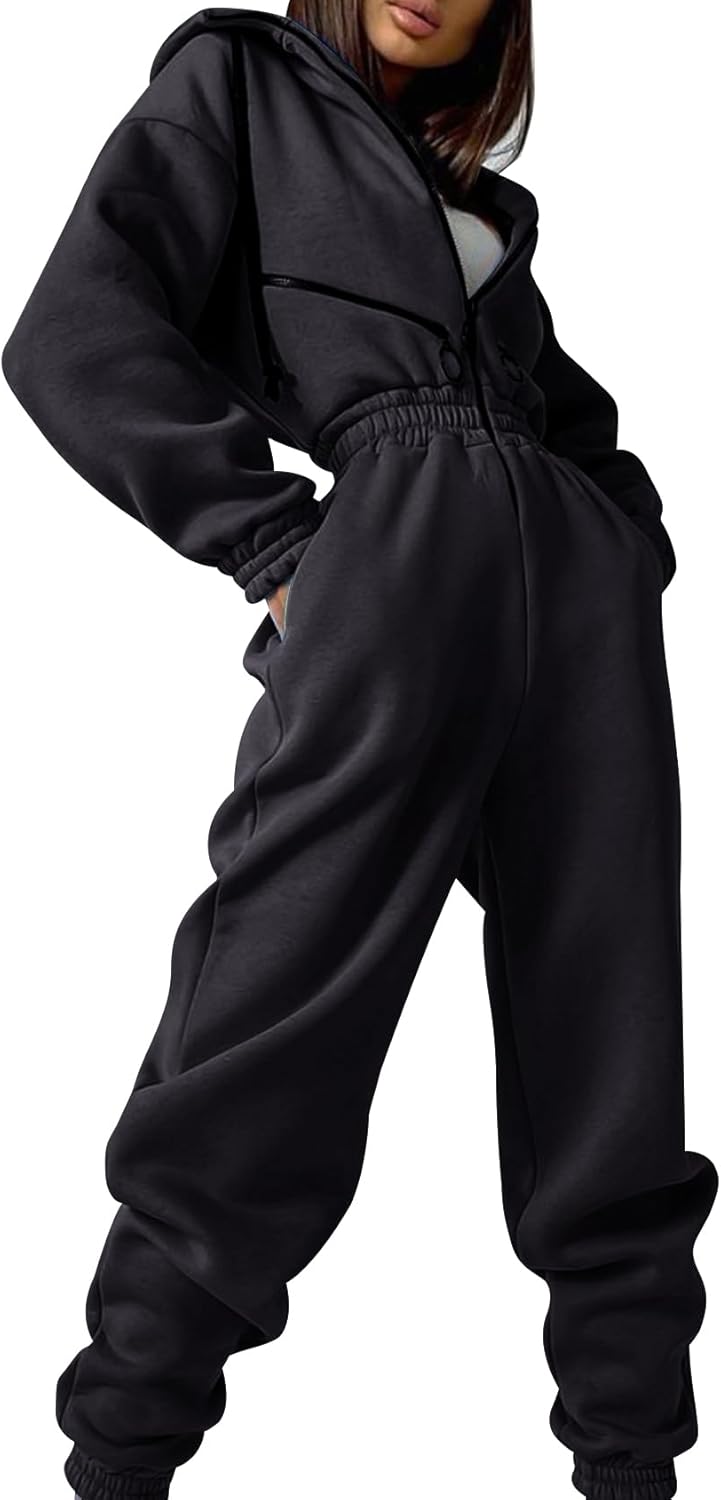 COZYPOIN Women Fleece Jumpsuits One Piece Outfits Hooded Sweatshirt Set High Waist Ladies Jumpsuit