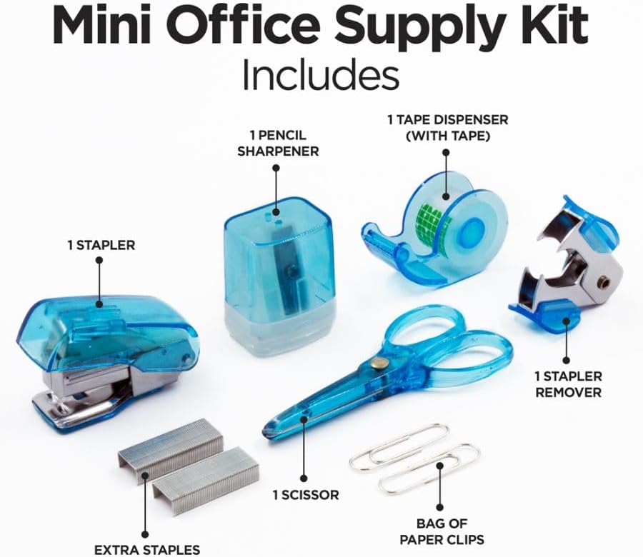 LD Products Blue Mini Office Supply Kit Portable Case with Scissors, Paper Clips, Tape Dispenser Set, Pencil Sharpener, Mini Stapler with Staples and Staple Remover image 2 of 8 B0859MGCWP