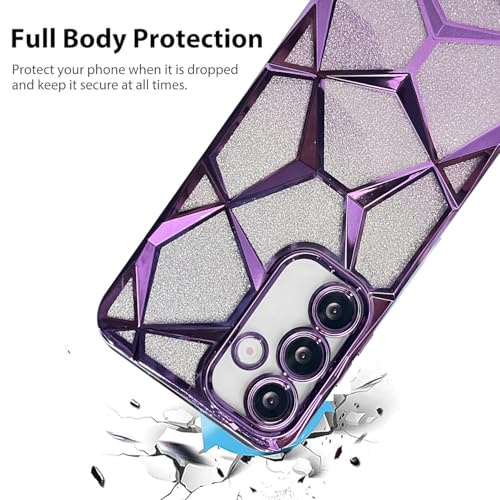 Image of VONZEE Gradient Glitter Clear Case for Samsung S25 Plus, Luxury Electroplated 3D Cube, Diamond Bling Shiny Soft TPU Clear Shockproof Women Girls Protective Phone Cover (Deep Purple)