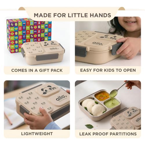 Image of Allo Bento Stainless Steel Lunch Box for Kids- BIS Approved, 304 Stainless Steel 3 Compartment Leakproof Tiffin Box for Boys and Girls for School, Travelling, Baby Snacks, 740ml Beige Panda