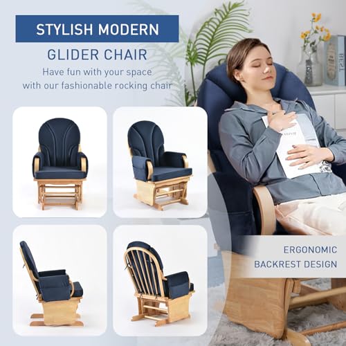 Image of Velvet Recliner Glider with Ottoman, Push Back Recliner with High-Density Foam, Silent Glide & Anti-Pinch Guardrail for Nursery, Easy 3-Step Assembly, 280LBS (Navy Blue)