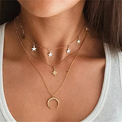 Image of Vembley Pack of 2 Attractive Gold Plated Triple Layered Moon Star & Moon Heart Earth Pendant Necklace For Women and Girls