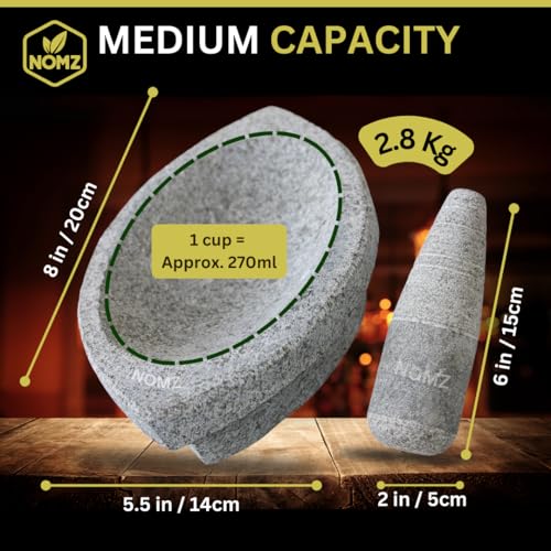Image of NOMZ Stone Mortar and Pestle Set (Kalvam) 8 Inch Boat Shape, 2.8 Kg, 1 Cup | Handmade Silbatta for Chutney and Masala | Heavy Duty Khalbatta with Anti-Skid Base