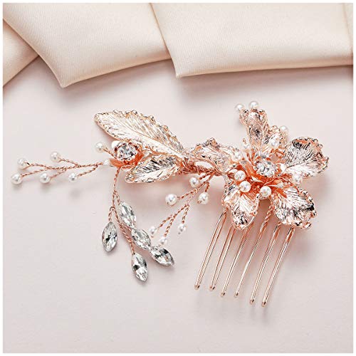 SWEETV Wedding Hair Comb Rhinestone Bridal Hair Clip,Rose Gold Wedding Hair Accessories for Brides