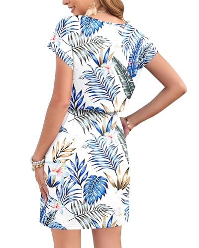 Image of AUSELILY Womens Summer Mini Dress, Short Sleeve V Neck Drawstring Casual | Tshirt dress with drawstring waist and pockets. Ideal sundress for daily outing, beach and vacation