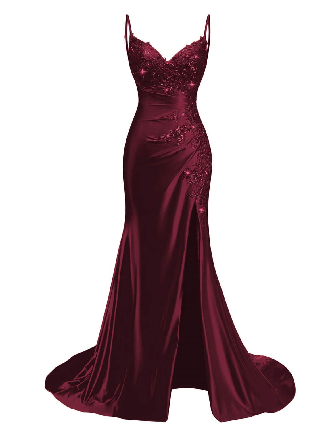 Kurface Women's Burgundy Spaghetti Strap Satin Prom Dresses With Slit For Teens Lace Applique Mermaid Formal Party Gown Graduation Dress Uk6