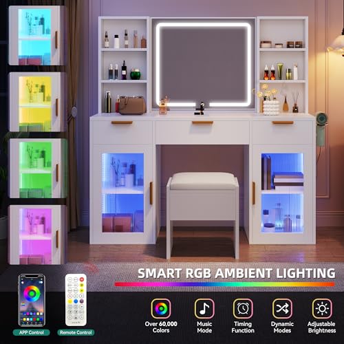 Image of DWVO 56 inch LED Vanity Desk with Tri‑Fold Mirror & Lights | Makeup Vanity Desk with 3 Drawers