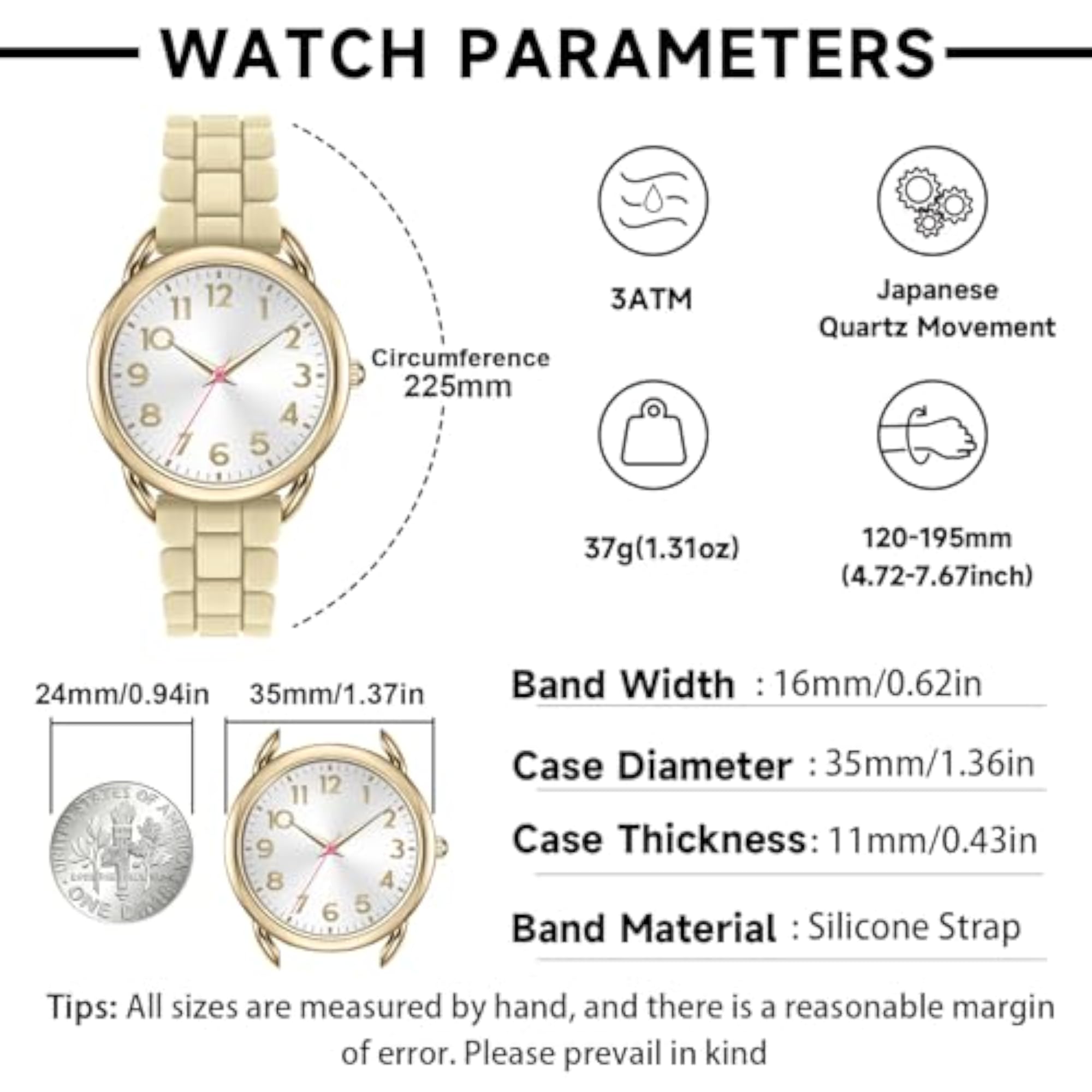 36MM Women's Stylish Silicone Band Watch, Reliable Quartz