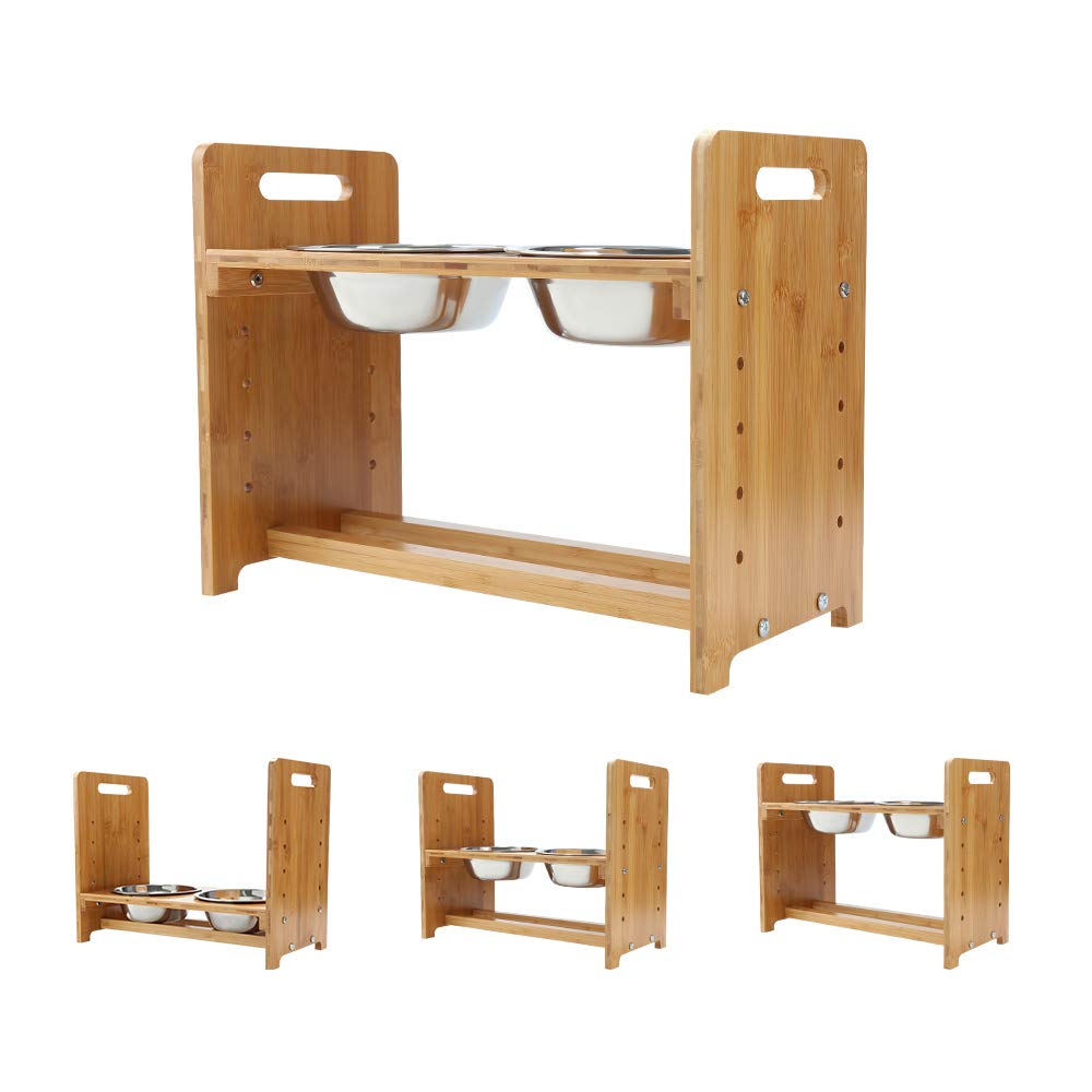 YY FOREYY Soporte para Mascotas Elevado Ajustable comedero de bambú para Perros y Gatos y comedero Agua con 4 Cuencos de Acero Inoxidable(Mediano)