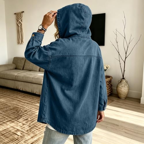 GOSEAGOTOFUN Womens Denim Jacket Oversized Hooded Jean Jacket Long Sleeve Button Down Casual Coat Fall Winter Fashion Coats 01-BU1 Small - image 3