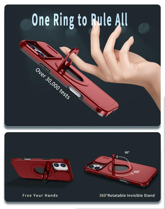 Image of LuxuryKase MagSafe Shockproof Rugged Back Case for iPhone 16 | Finger Ring Kickstand & Sliding Camera Cover | Military Drop Protection | Wireless Charging Support - Red