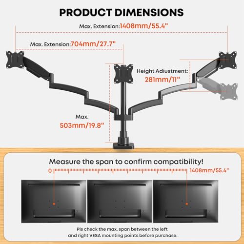 Image of PUTORSEN Triple Monitor Mount for 17 to 32 inch Screens, Fully Adjustable 3 Monitor Stand for Desk Mount, with Heavy Duty Clamp and Grommet Mounting, 22 lbs per Arm, 75 /100mm