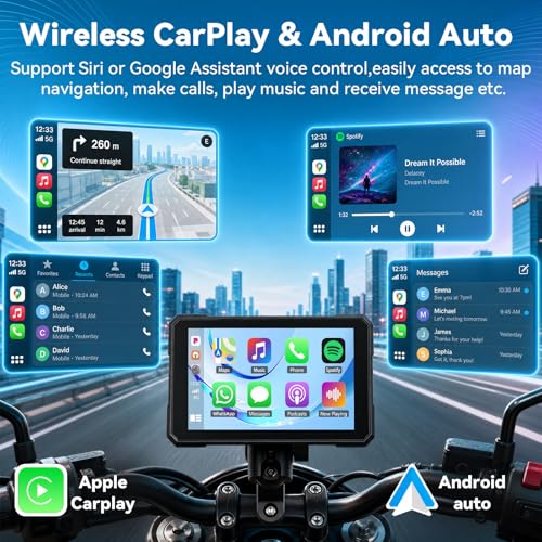 Image of SIXTOP 5 Inch Motorcycle CarPlay GPS Navigation System with Wireless Apple CarPlay Android Auto Waterproof Touch Screen Portable Car Play Moto, Support Bluetooth, Siri /Google Assistant Voice Control