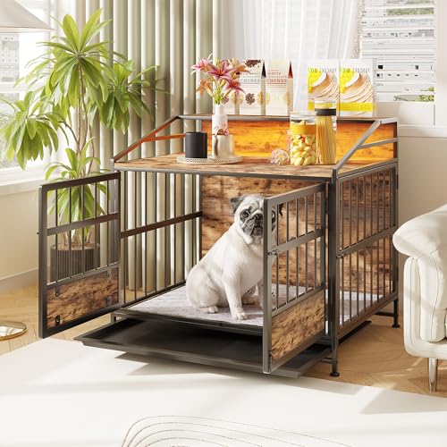 FOUBAM Gabbia per cani con scaffale, tavolino, per cani di taglia grande/media, per interni con superficie del tavolo in legno, per la casa, vassoio rimovibile, 88 x 61 x 80 cm, colore nero