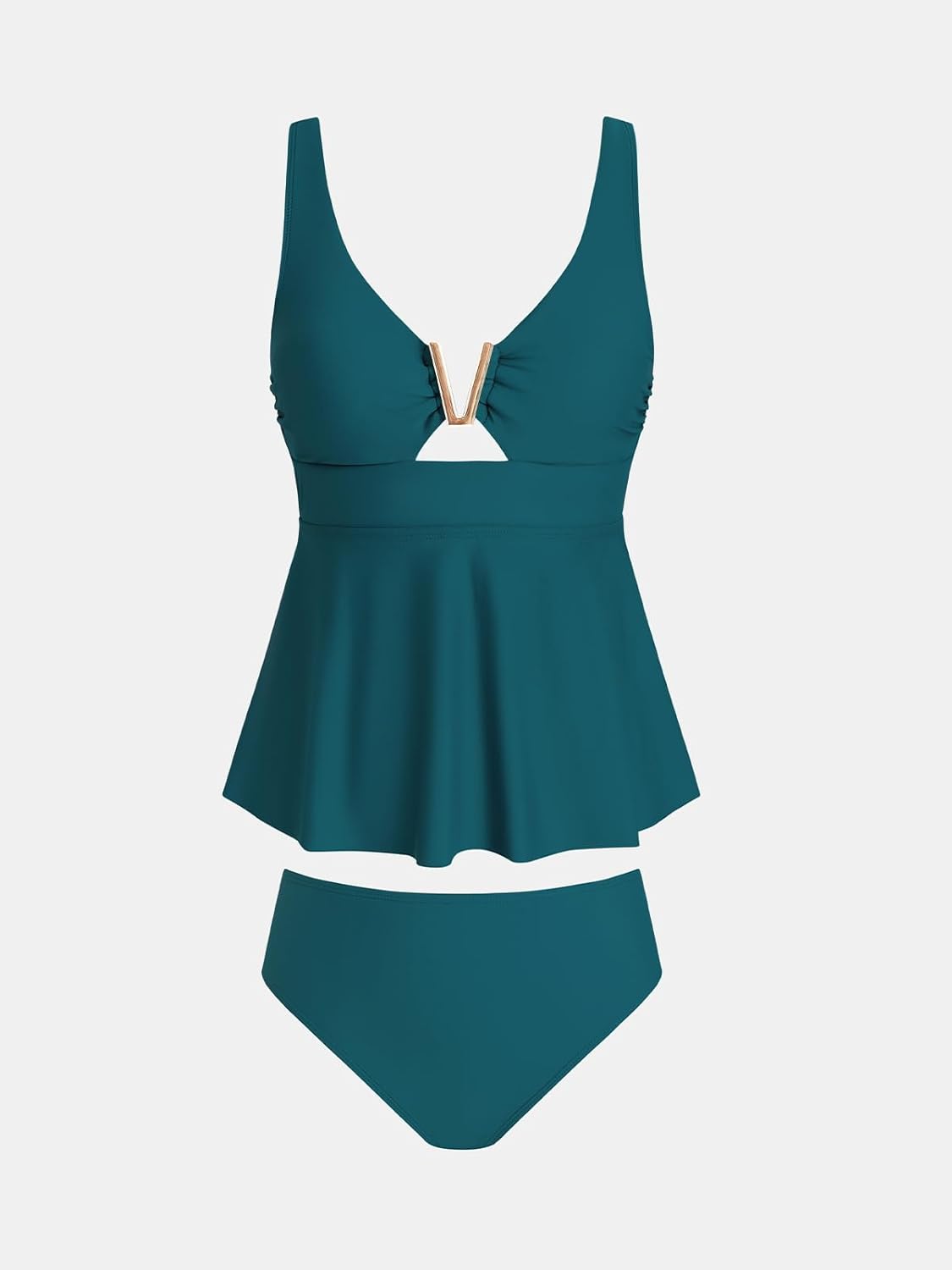 CUPSHE Women's Tankini Sets Two Piece Swimsuit V Neck V Wire Bathing Suit Ruched Tummy Flowy Hem Mid Rise - Image 5