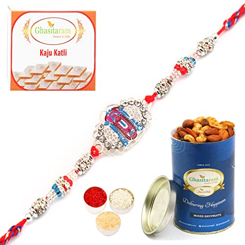 Ghasitaram Gifts Rakhi for Brother Rakhis Online – Silver Shadows of Balaji 8117 Rakhi with 100 gms of Dryfruits Mix Can 200 gms of Kaju katli Ghasitaram Gifts Rakhi for Brother Rakhis Online – Silver Shadows of Balaji 8117 Rakhi with 100 gms of Dryfruits Mix Can 200 gms of Kaju katli