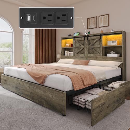 YITAHOME Farmhouse King Size Bed Frame with Storage Bookcase Headboard, Sliding Barn Door, 4 Storage...