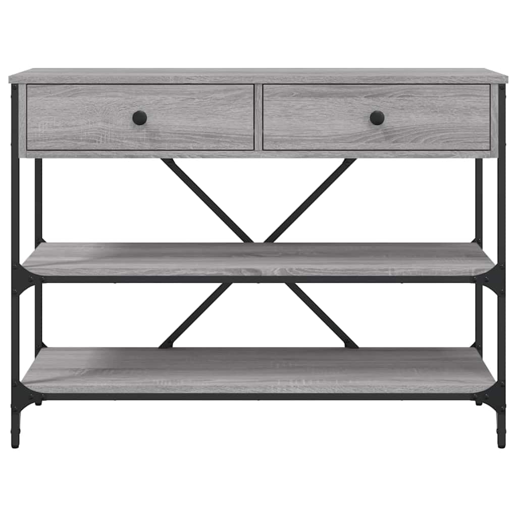 Mesa consola con 2 cajones y estantes, mesa de pasillo de madera y acero, mesa auxiliar clásica para salón y pasillo, gris Sonoma, 100 x 34,5 x 75 cm