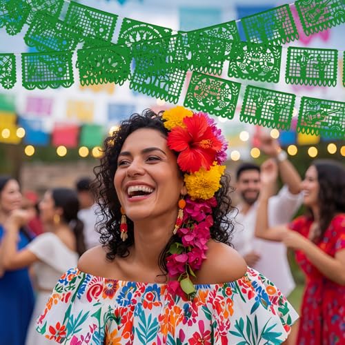 Image of VitalCozy 4 Pack 59 ft Mexican Papel Picado Banner Plastic Mexican Talavera Party Fiesta Banner Wedding Hanging Decorations for Cinco De Mayo Party Supplies (Green)