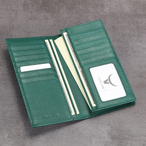 Image of HISCOW Bifold Long Wallet with 15 Credit Card Slots - Italian Calfskin, Pebbled Green, 6.97 inchH x 3.5 inchW x 0.98 inchD, Italian Style