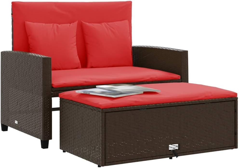 2-Seater Patio Sofa Brown Poly Rattan Outdoor Loveseat with Red Cushions, Convertible Small Patio Couch for Balcony Garden Terrace