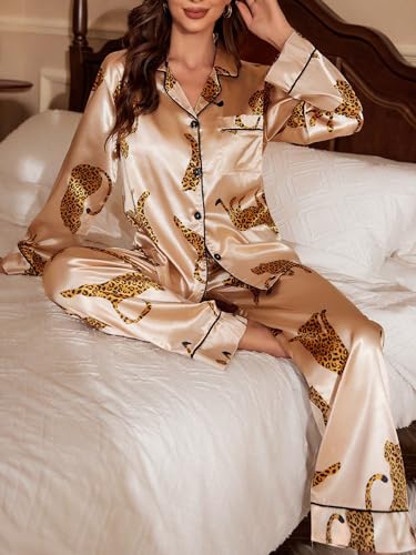 SOLY HUX Women's Leopard Print Silk Satin Pajama Set Long Sleeve Button Down Shirt Pj Set 2 Piece Sleepwear4