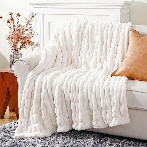 BATTILO HOME Premium Ruched Ivory Faux Fur Throw Blanket, Soft Warm Double Side Rabbit Fur Blanket for Bed, Couch, Fall Throw Blanket Cozy Mink Blanket 50"x60" by BATTILO HOME - Image 2