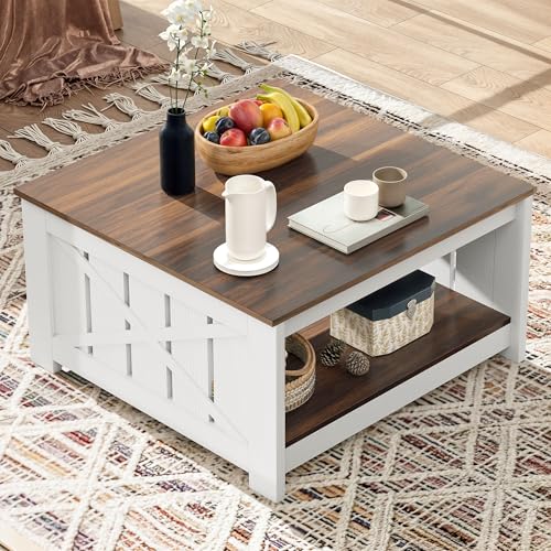 GOOBED Farmhouse Sqare Coffee Tables for Living Room with Storage, Grey Wash Coffee Table 2 Tier Spaciou Storage Shelf, Modern Center Table Small Coffee Tables, Brown and White