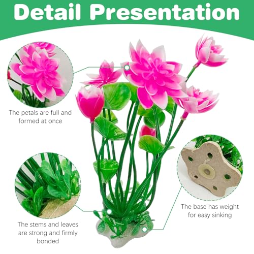 Image of Hamiledyi 2 Pcs Artificial Lotus Flowers with Small Artificial Seaweed Plants, Fish Tank Plastic Plants Decorations, Pink and Yellow Blossoms Artificial Water Plants Perfect for Aquarium Decor