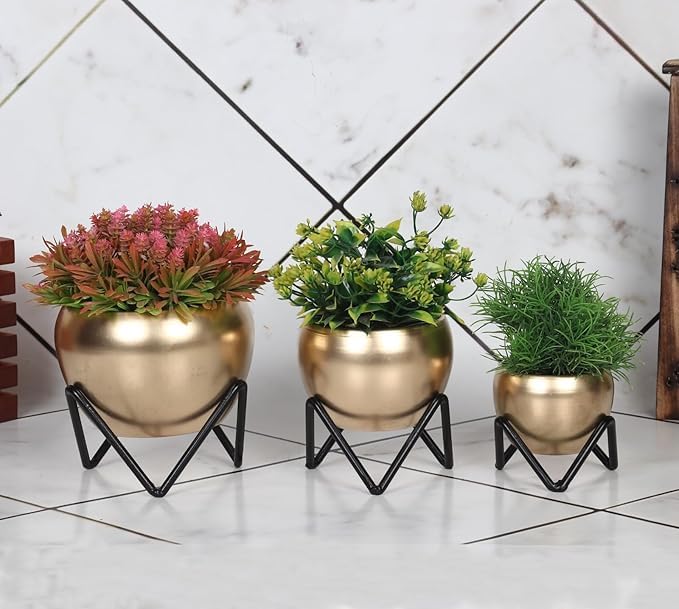Kalakriti Egyptian Decoration Set of 3 Metal Antique Flower Vase Pot with Stand | Indian Home Decor Table Decoratives for Indoor Outdoor| Living Room Balcony| Gift Birthday Anniversary| Golden Matka