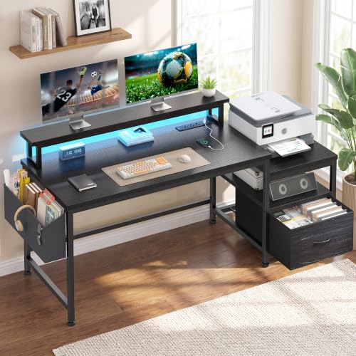 Image of EnHomee 56.5 inch Office Desk with Drawers & Printer Space for Home Work,Black | Computer Desk with 3 AC Outlets& 2 USB Ports,Waterproof LED Strip Lights,Monitor Stand & Side Pockets,Home Office,Bedroom
