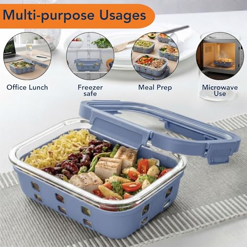 Image of Griplok Glass Lunch Box 640ml with Leakproof Lid, Borosilicate Food Storage Container with Silicone Sleeve, Gasket, Microwave /Dishwasher Safe, Anti-Slip Grip for Meal Prep (Glacier Blue)