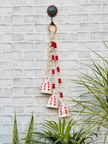 Image of Crafty Co. Decorative Wall & Door Hanging Toran with Bells for Home Entrances (White & Red)- Bunch of 3 Big Bells | Macrame Wall Hanging Toran for Diwali, New Year, Festive Decoration & Door Decor