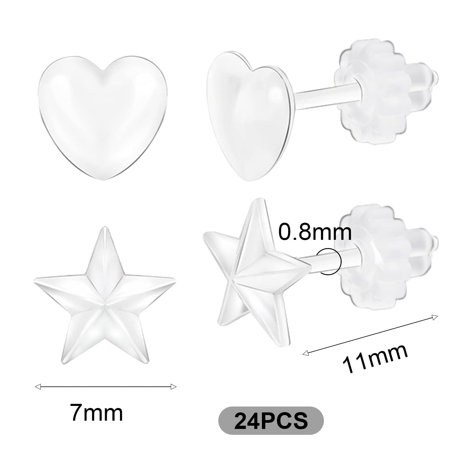 EUPSIIU 12 pares de aretes transparentes, aretes de plástico, aretes de plástico con forma de corazón de estrella, hipoalergénicos, aretes invisibles, aretes transparentes, aretes para orejas