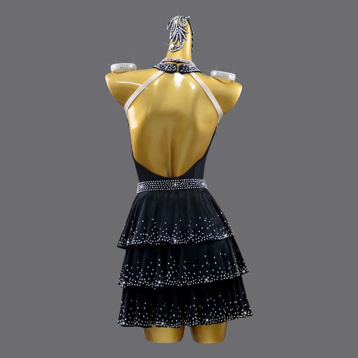 Damen Sexy Rückenfreies Fransen Latein Tanzkleid Ballsaal Salsa Samba Cha Cha Rumba Schwarzes Latein Wettkampfkleid