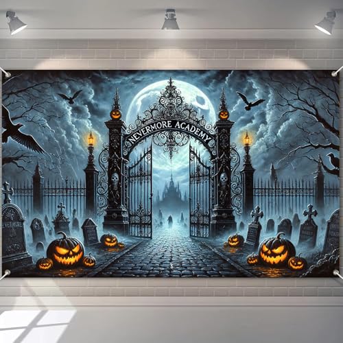 BlissYard Halloween Banner 71x43 Inch Haunted Graveyard Backdrop Banner with Gothic Iron Gate and Jack-o-Lanterns Halloween Decorations Outdoor Scary Trick or Treat Sign for Wall