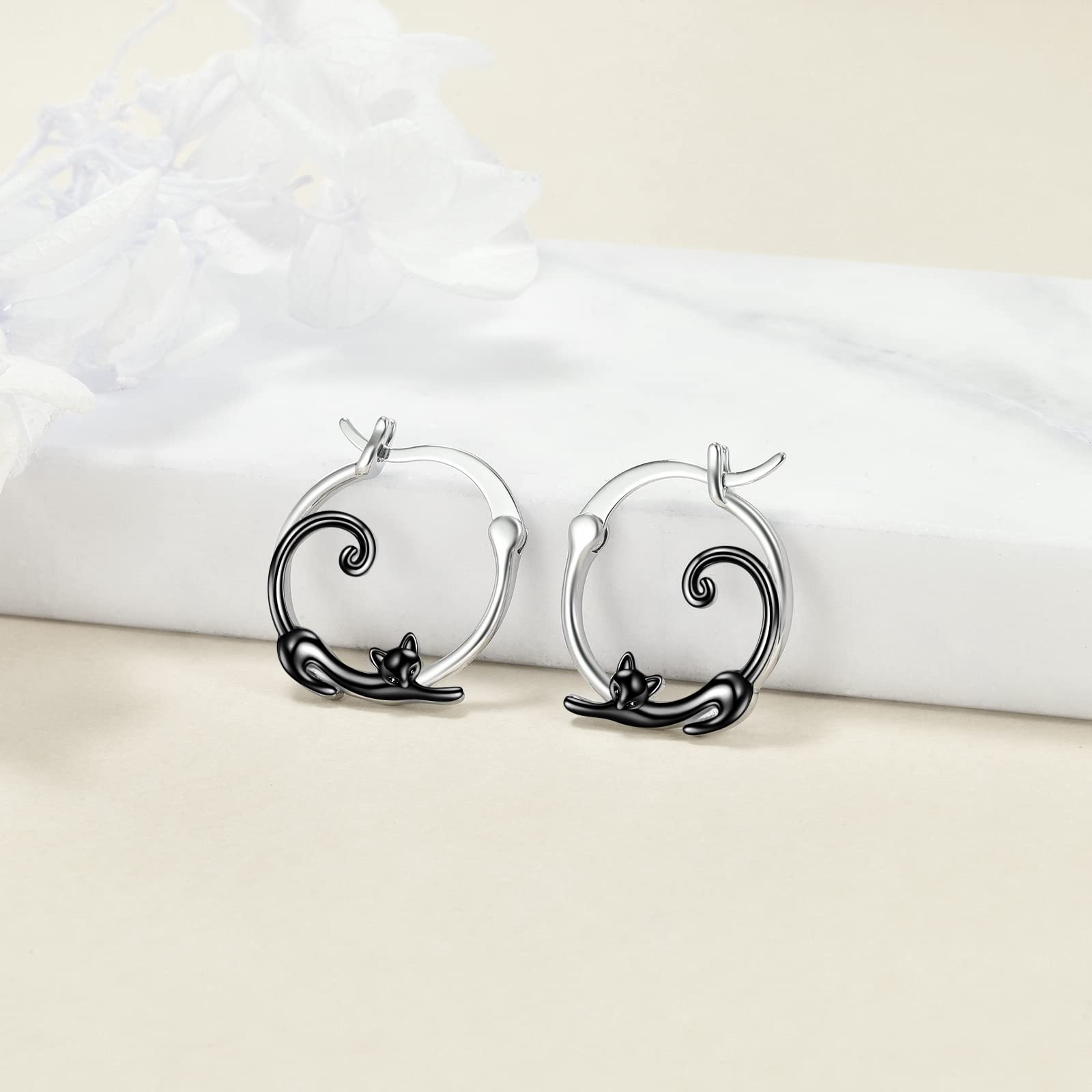 AXELUNA Pendientes de aro de plata de ley 925 con diseño de gato para mujer, regalos de joyería para orejas sensibles, plata de ley, plata de ley, Plata de ley, Plata de ley