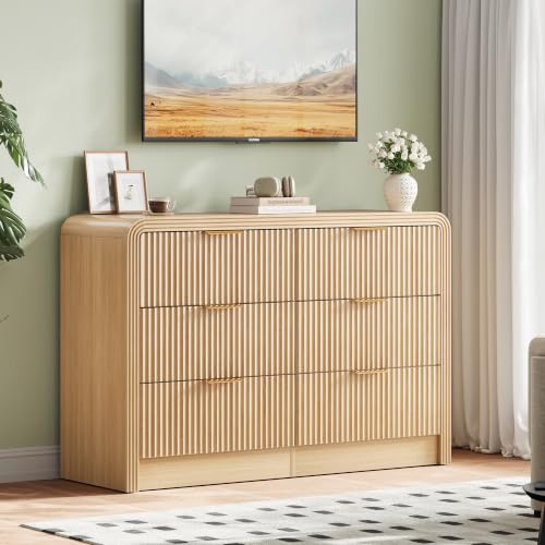 Image of Decofy Fluted 6 Drawers Dresser, 47.2'' Wide Chest of Drawers for Bedroom | Round Edge & Metal Handle, Modern Wood Drawer Organizer for Living Room, Entryway, Hallway, Oak
