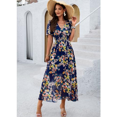 SYKT Women's Dresses Summer Bohemian Elegant Casual Short Sleeve Floral Print Midi Dress