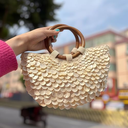 Beaded Bag,2025 New Seashell Purse,Summer Beach Handle Beaded Handbag,Fashionable Shell Purse for Women,Suitable for Beach Wedding Party Holiday Travel.2