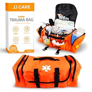 JJ CARE Trauma Bag 250PCS First Responder Kit, EMT Bag with Padded Strap, Reflective Medical Bag Fully Stocked, Multiple Pockets EMS EMT Bags Fully Stocked, First Aid Trauma Bags Fully Stocked