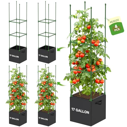 4 Pack Tomato Cages, 55inch Square Tomato Trellis with 17 Gallon Grow Bags, Tomato Plant Support...