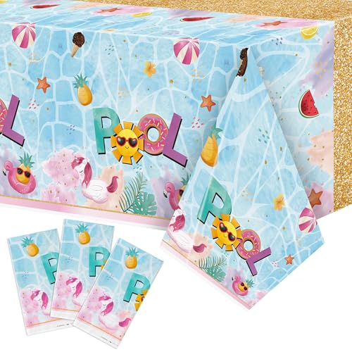 Image of 3 Packs Summer Theme Tablecloth Swimming Pool Elements Disposable Rectangle Table Cover Decoration Ocean Beach Cool and Freshing Plastic Table Cover for Summer Season Kid's Birthday Party