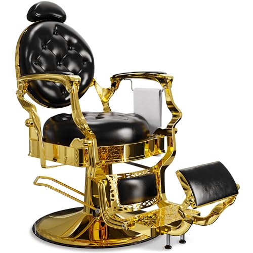 Baasha Vintage Reclining Barber Chair with Adjustable Headrest, Heavy-Duty Metal Frame & Cushion Support, Gold Trim Salon Chair, 550 lbs Capacity